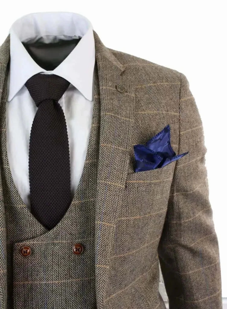 3-Piece Suit Double Breasted, Herringbone Brown Classic