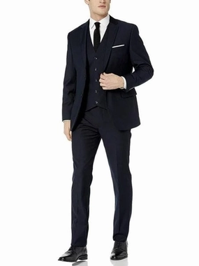 Adam Baker Solid Navy Blue Classic Fit Three Piece Suit