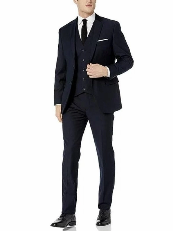 Adam Baker Solid Navy Blue Classic Fit Three Piece Suit