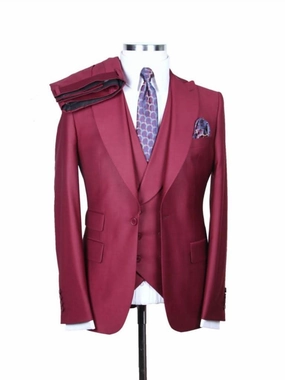 Alberto Nardoni Solid Burgundy 100% Wool 1 Button 3 Piece Regular Fit Suit