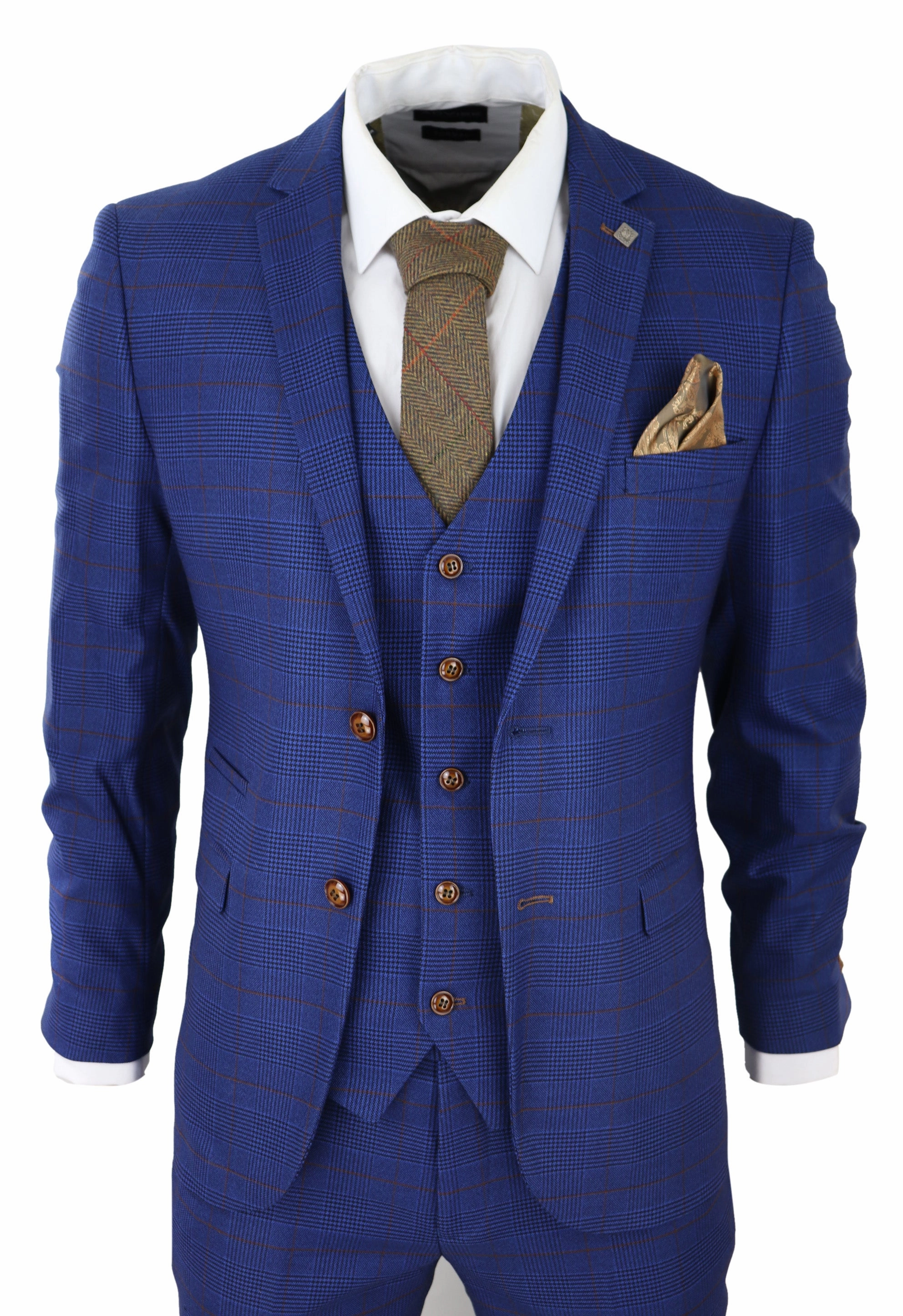Alex Blue Brown Check Wedding 3 Piece Suit