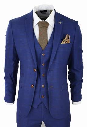 Alex Blue Brown Check Wedding 3 Piece Suit