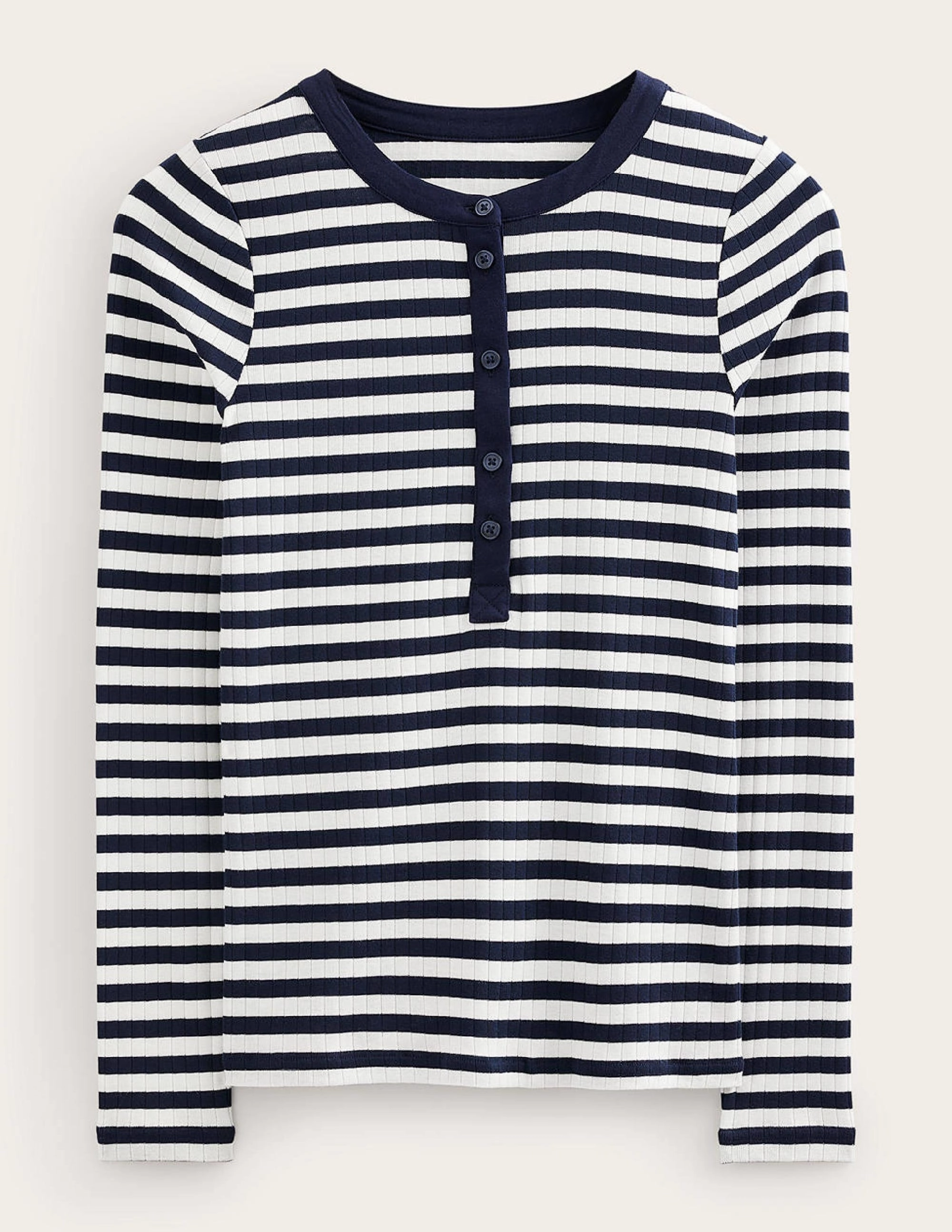 Anna Rib Henley T-Shirt-Navy, Ivory