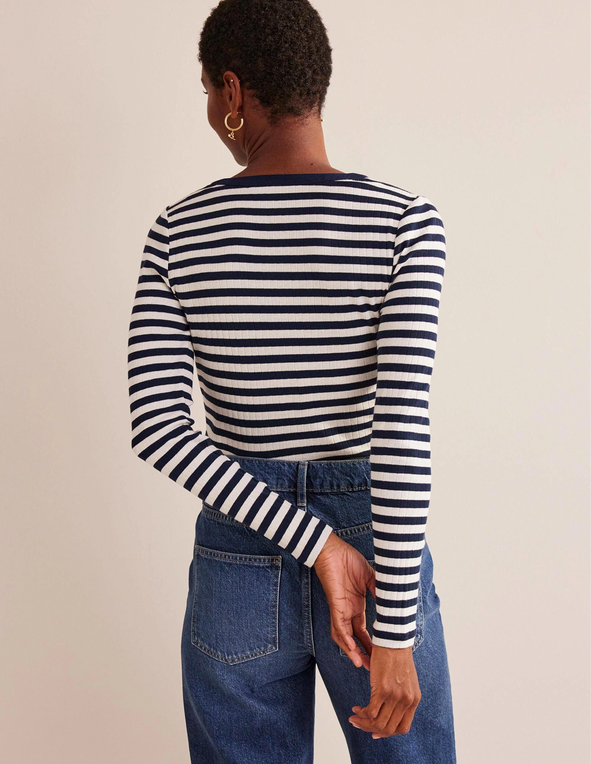 Anna Rib Henley T-Shirt-Navy, Ivory