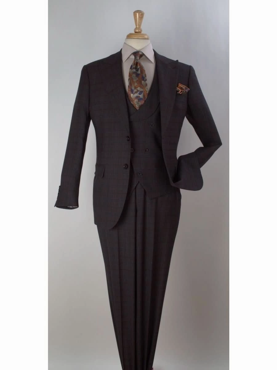 Apollo King Mens Big & Tall Brown Plaid Regular Fit 100% Wool 3 Piece Suit With Peak Lapels
