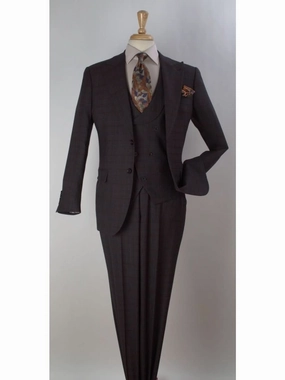 Apollo King Mens Big & Tall Brown Plaid Regular Fit 100% Wool 3 Piece Suit With Peak Lapels
