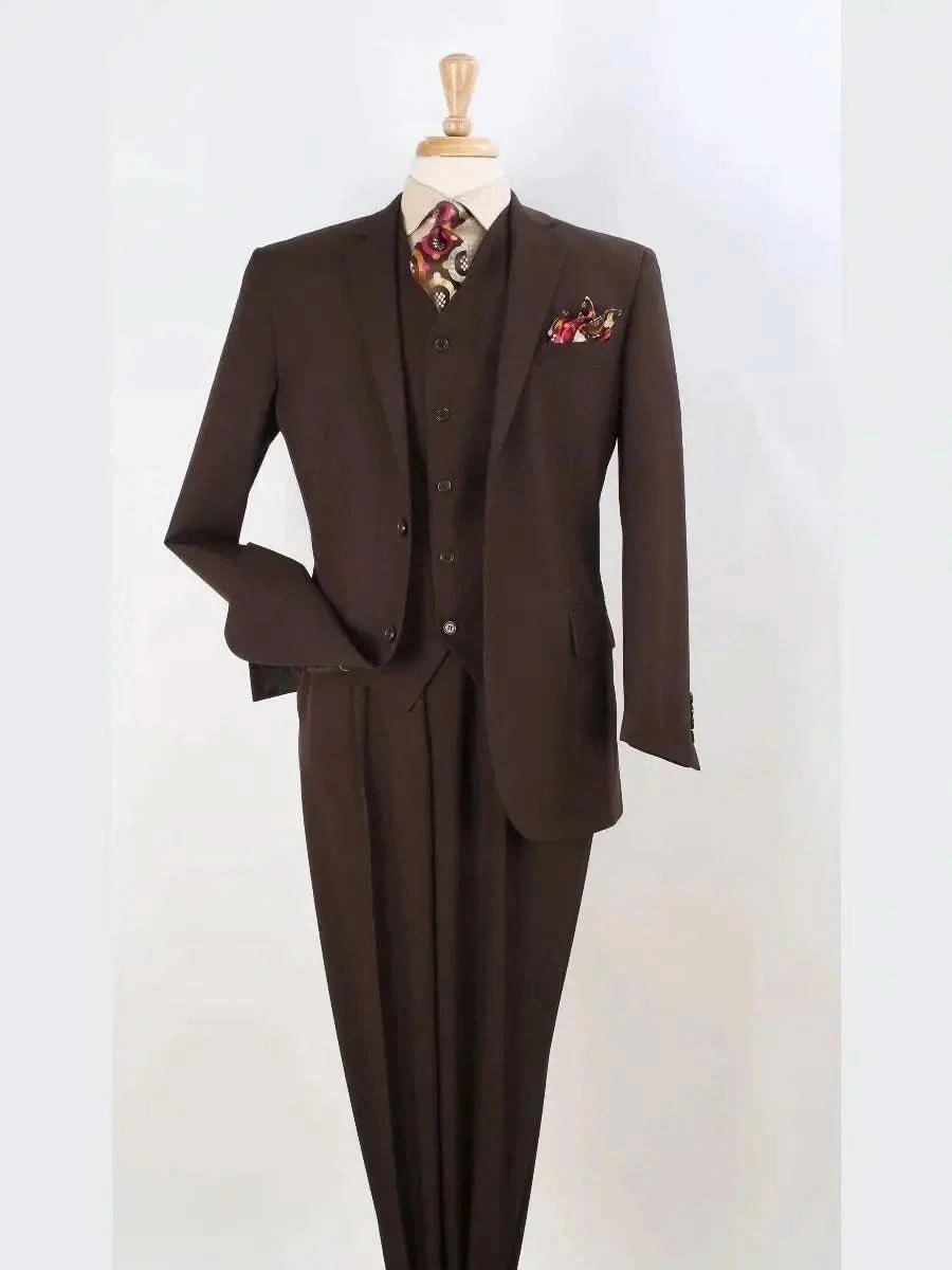 Apollo King Mens Big & Tall Solid Brown Classic Fit 3 Piece 100% Wool Suit