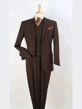 Apollo King Mens Big & Tall Solid Brown Classic Fit 3 Piece 100% Wool Suit