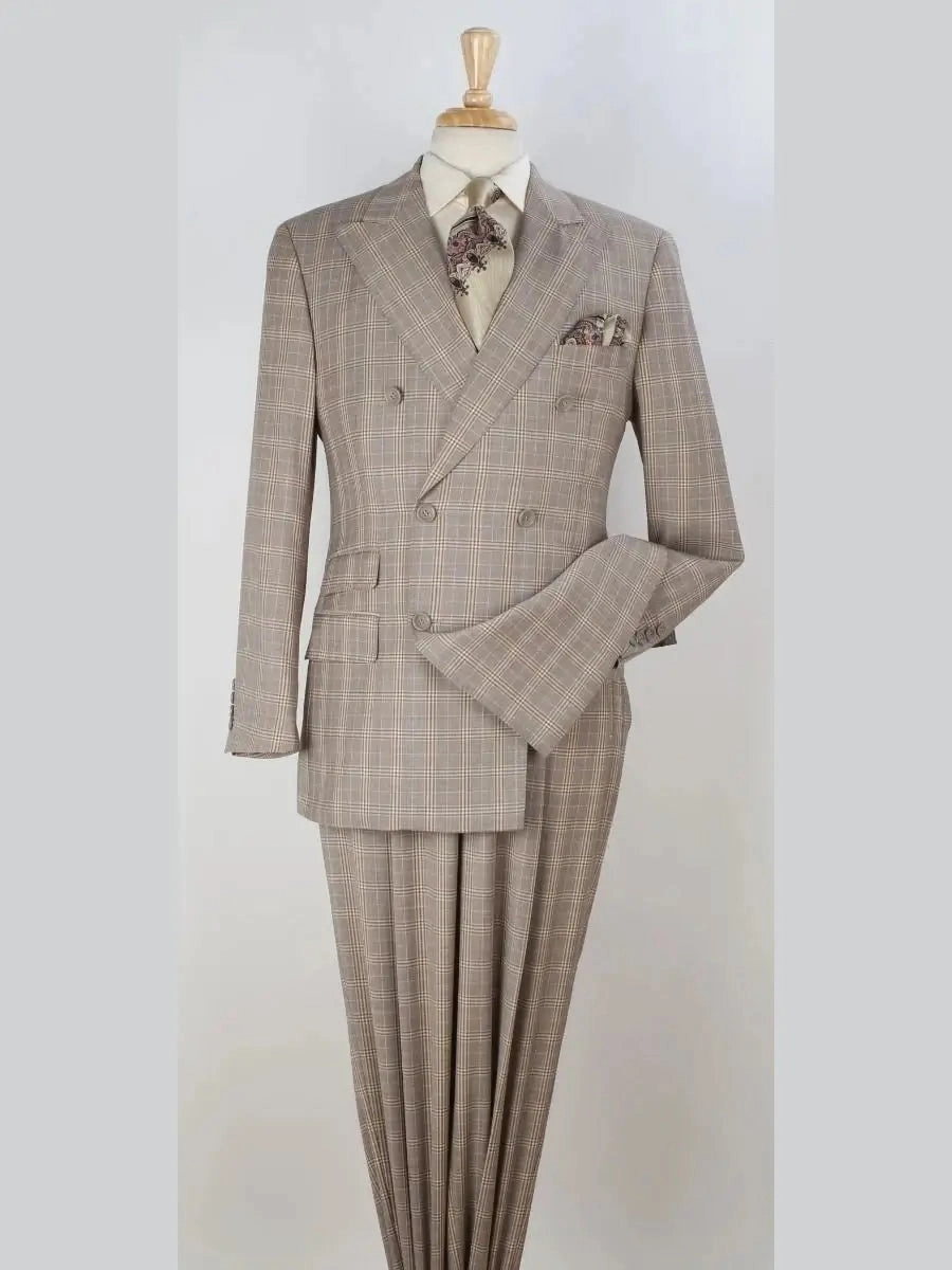 Apollo King Mens Brown Plaid Classic Fit 100% Wool Double Breasted 3 Piece Suit