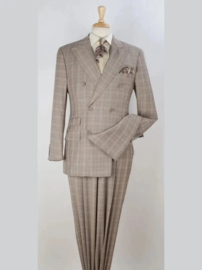 Apollo King Mens Brown Plaid Classic Fit 100% Wool Double Breasted 3 Piece Suit