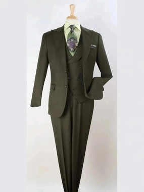 Apollo King Mens Olive Green Regular Fit 100% Wool 3 Piece Suit With Peak Lapels