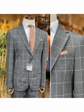 Arthur Black Mens Charcoal Gray Check Slim Fit 100% VBC Wool Prehemmed Suit