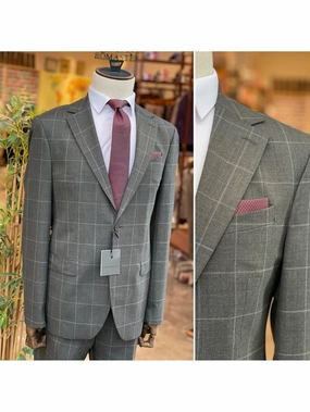 Arthur Black Mens Charcoal Gray Check Slim Fit 100% VBC Wool Prehemmed Suit