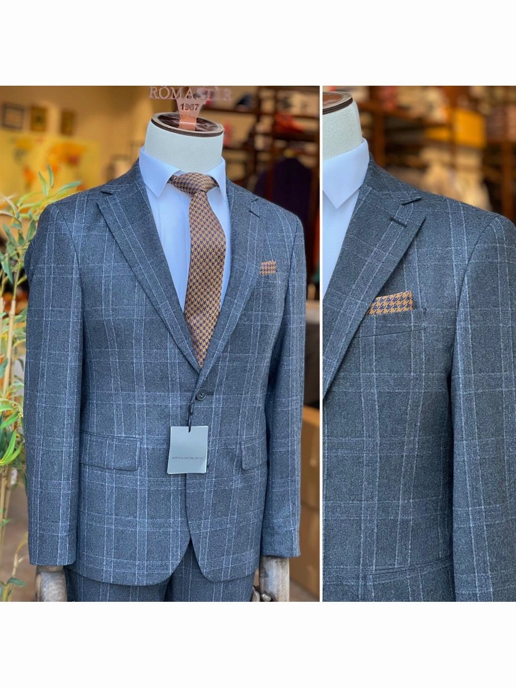 Arthur Black Mens Charcoal Gray Plaid Slim Fit 100% VBC Wool Prehemmed Suit