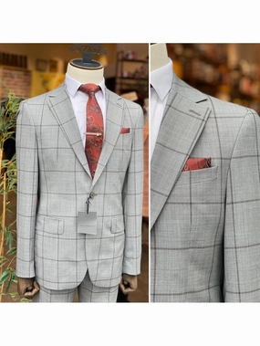 Arthur Black Mens Gray & Brown Check Slim Fit 100% VBC Wool Prehemmed Suit