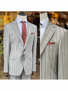 Arthur Black Mens Gray & Brown Pinstriped Slim Fit 100% VBC Wool Prehemmed Suit