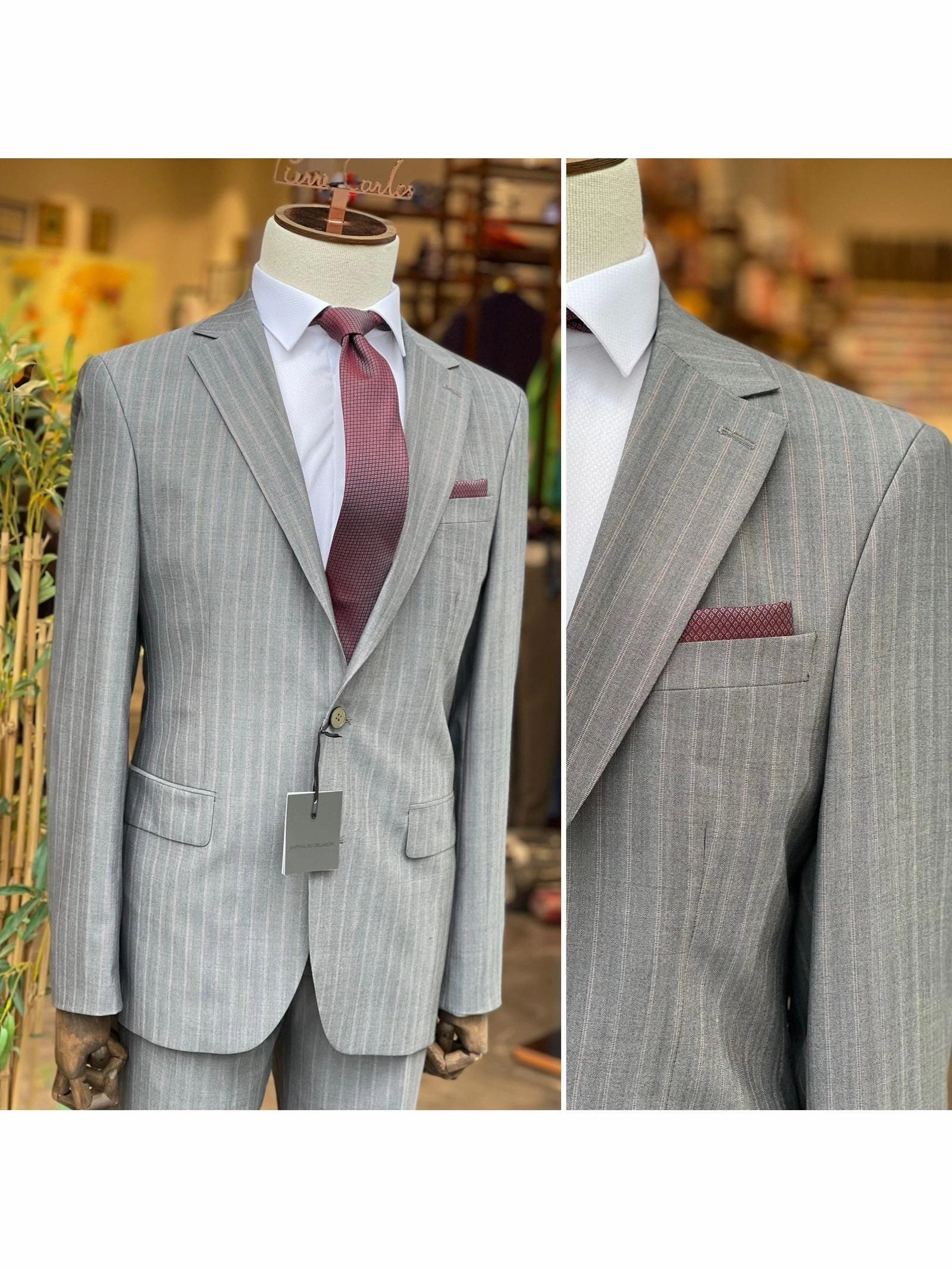 Arthur Black Mens Gray Pinstriped Slim Fit 100% VBC Wool Prehemmed Suit