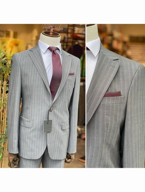 Arthur Black Mens Gray Pinstriped Slim Fit 100% VBC Wool Prehemmed Suit