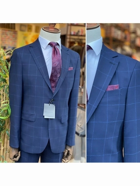 Arthur Black Navy Blue Check Slim Fit 100% VBC Wool Prehemmed Suit
