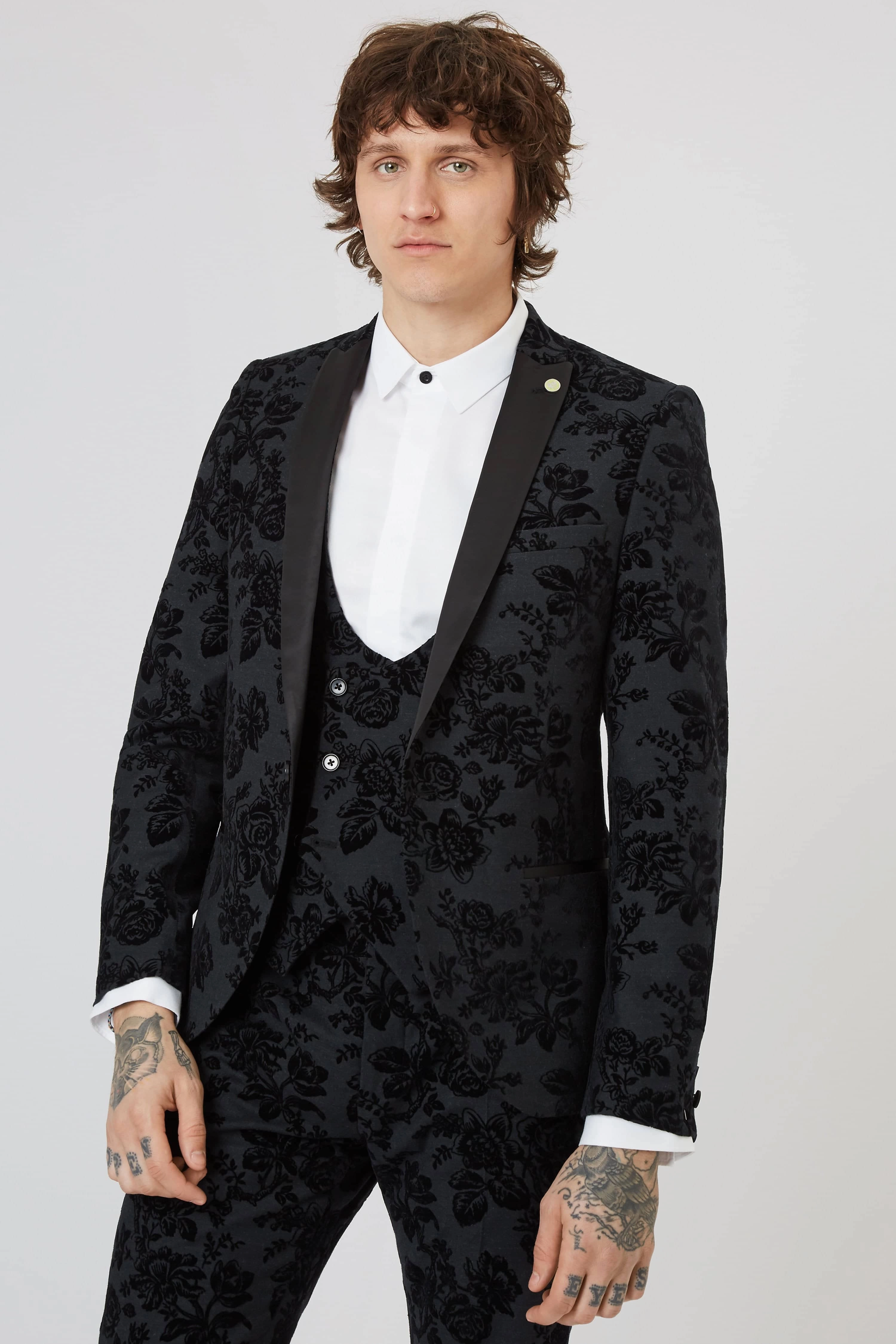 Belsize Skinny Fit Black Floral Tuxedo Suit - ARCHIVE