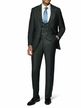 Beragamo Elegant Men's Solid Olive 100% Wool Classic Fit Vested Suit