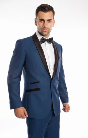 Blue / Black Solid with Black Shawl Collar Trim 2-PC Slim Fit Suits
