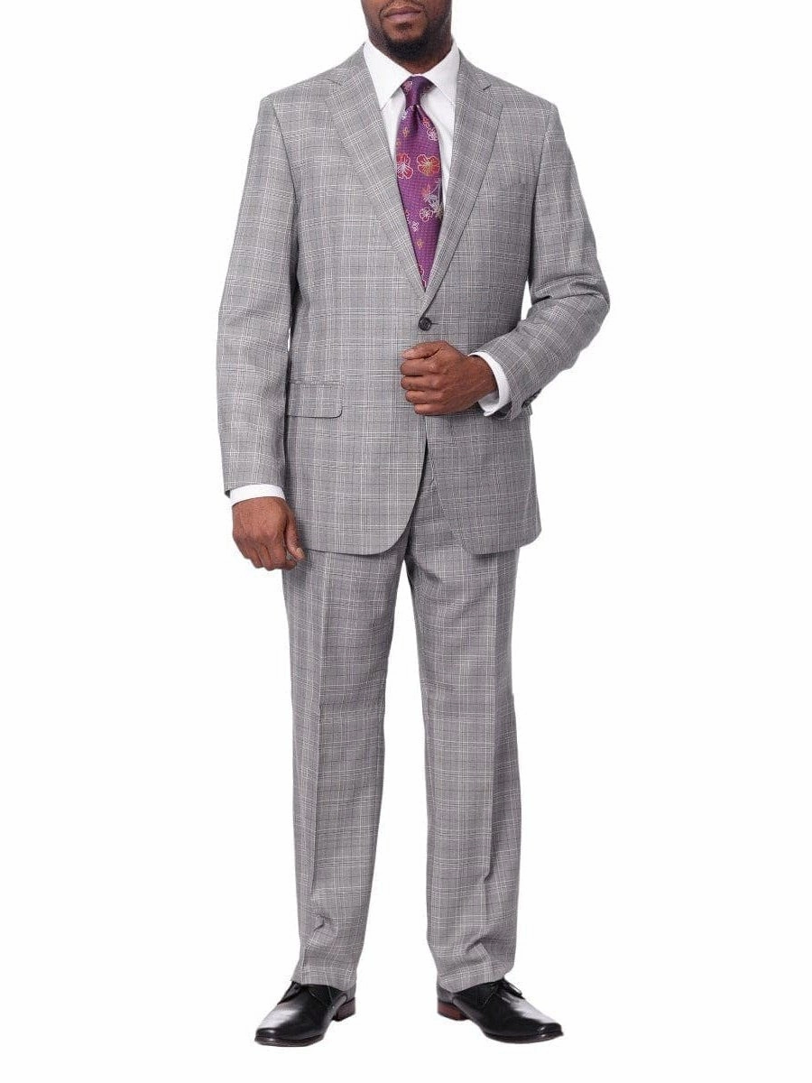 Blujacket Mens Gray Plaid Wool & Silk Blend Regular Fit Suit