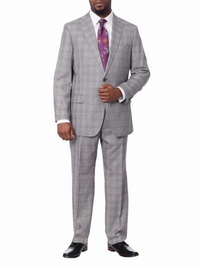 Blujacket Mens Gray Plaid Wool & Silk Blend Regular Fit Suit