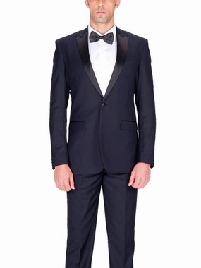 Braveman Slim Fit Navy Blue One Button Tuxedo Tux Suit With Peak Lapels