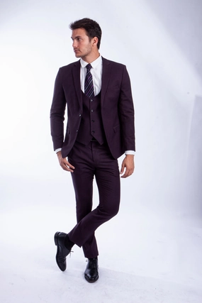 Burgundy 3 PC Birdseye Suit Skinny Fit Suits