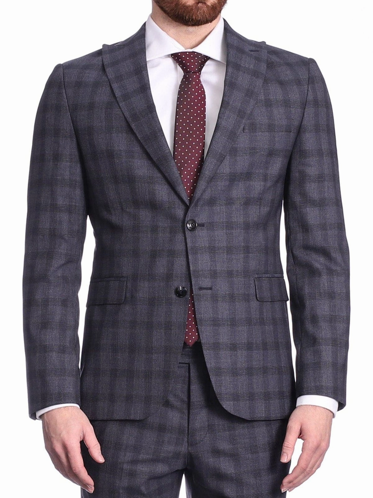 Carducci Mens Blue Windowpane Wool Blend Slim Fit Suit With Peak Lapels
