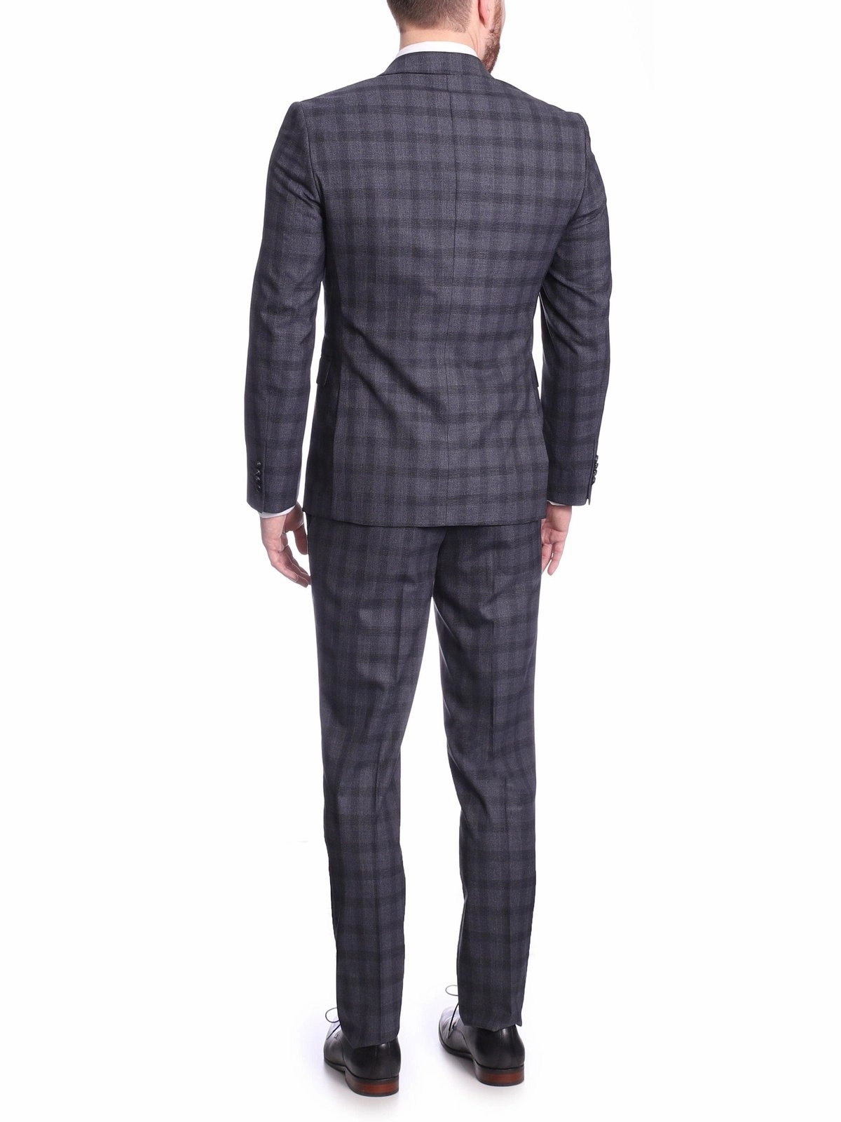 Carducci Mens Blue Windowpane Wool Blend Slim Fit Suit With Peak Lapels