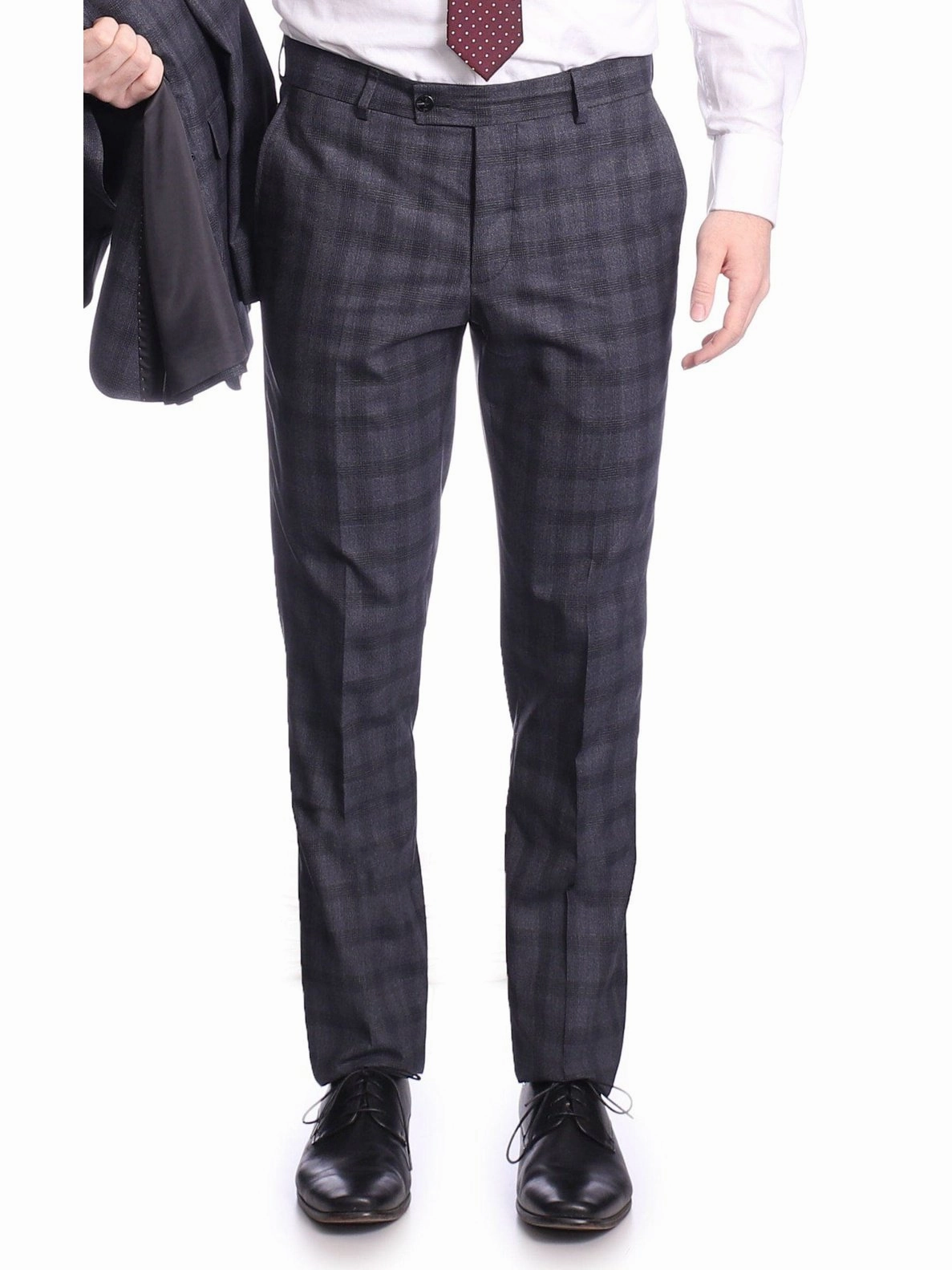 Carducci Mens Blue Windowpane Wool Blend Slim Fit Suit With Peak Lapels