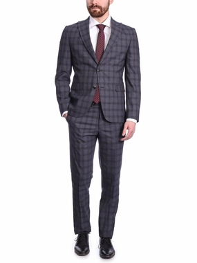 Carducci Mens Blue Windowpane Wool Blend Slim Fit Suit With Peak Lapels