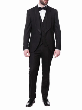 Cemden Mens Slim Fit Solid Black 1-button 3-piece Tuxedo Suit With Shimmer Lapel