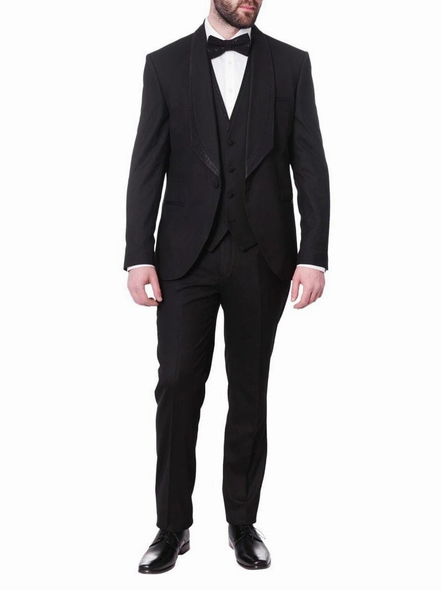 Cemden Mens Slim Fit Solid Black 1-button 3-piece Tuxedo Suit With Shimmer Lapel
