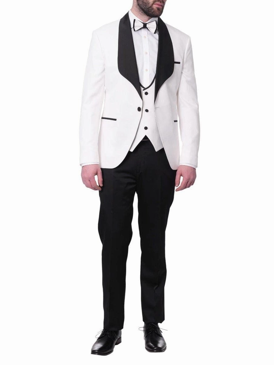 Cemden Mens Slim Fit Solid White 1-button 3 Piece Tuxedo Suit With Shawl Lapels