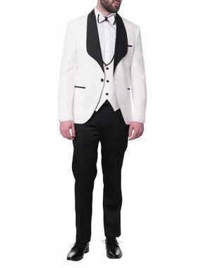 Cemden Mens Slim Fit Solid White 1-button 3 Piece Tuxedo Suit With Shawl Lapels