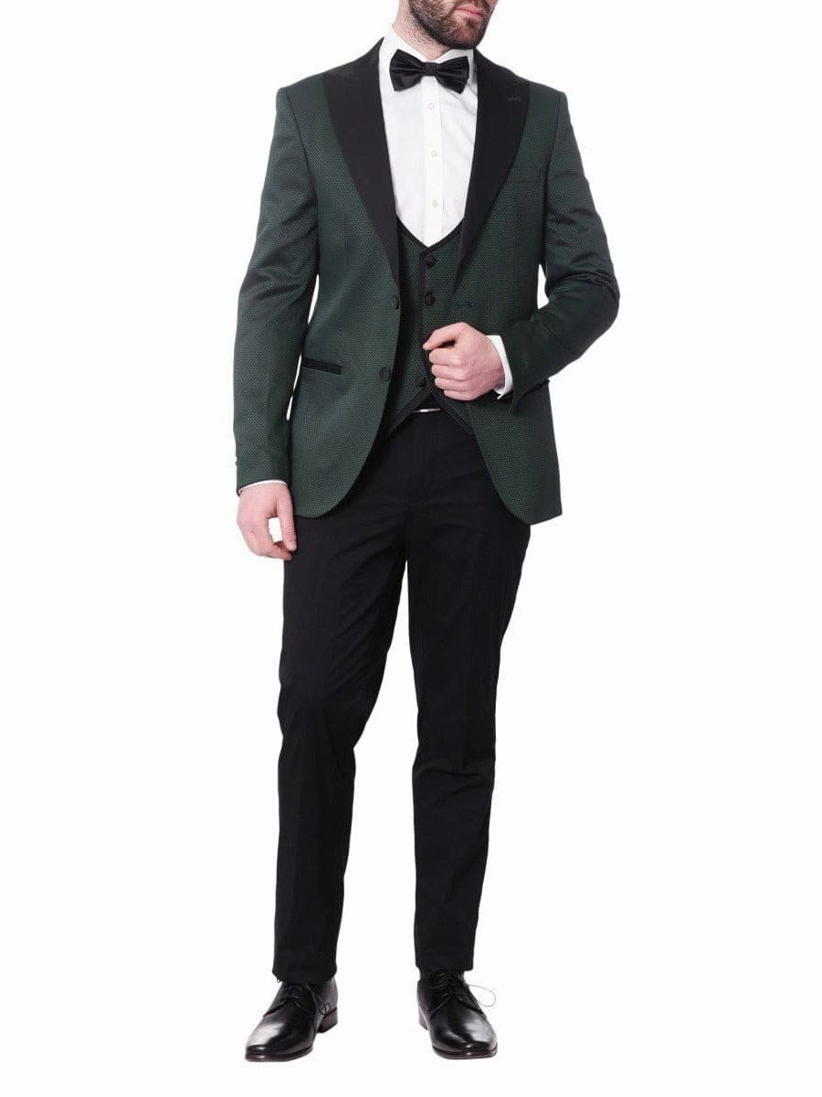 Cengizhan Baybars Mens Slim Fit Emerald Green 3-piece Tuxedo Suit Peak Lapels