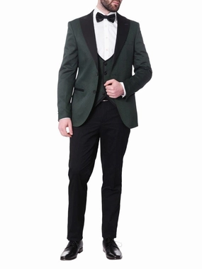 Cengizhan Baybars Mens Slim Fit Emerald Green 3-piece Tuxedo Suit Peak Lapels