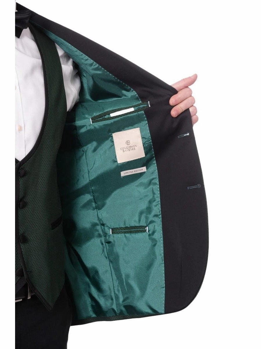 Cengizhan Baybars Mens Slim Fit Emerald Green 3-piece Tuxedo Suit Peak Lapels