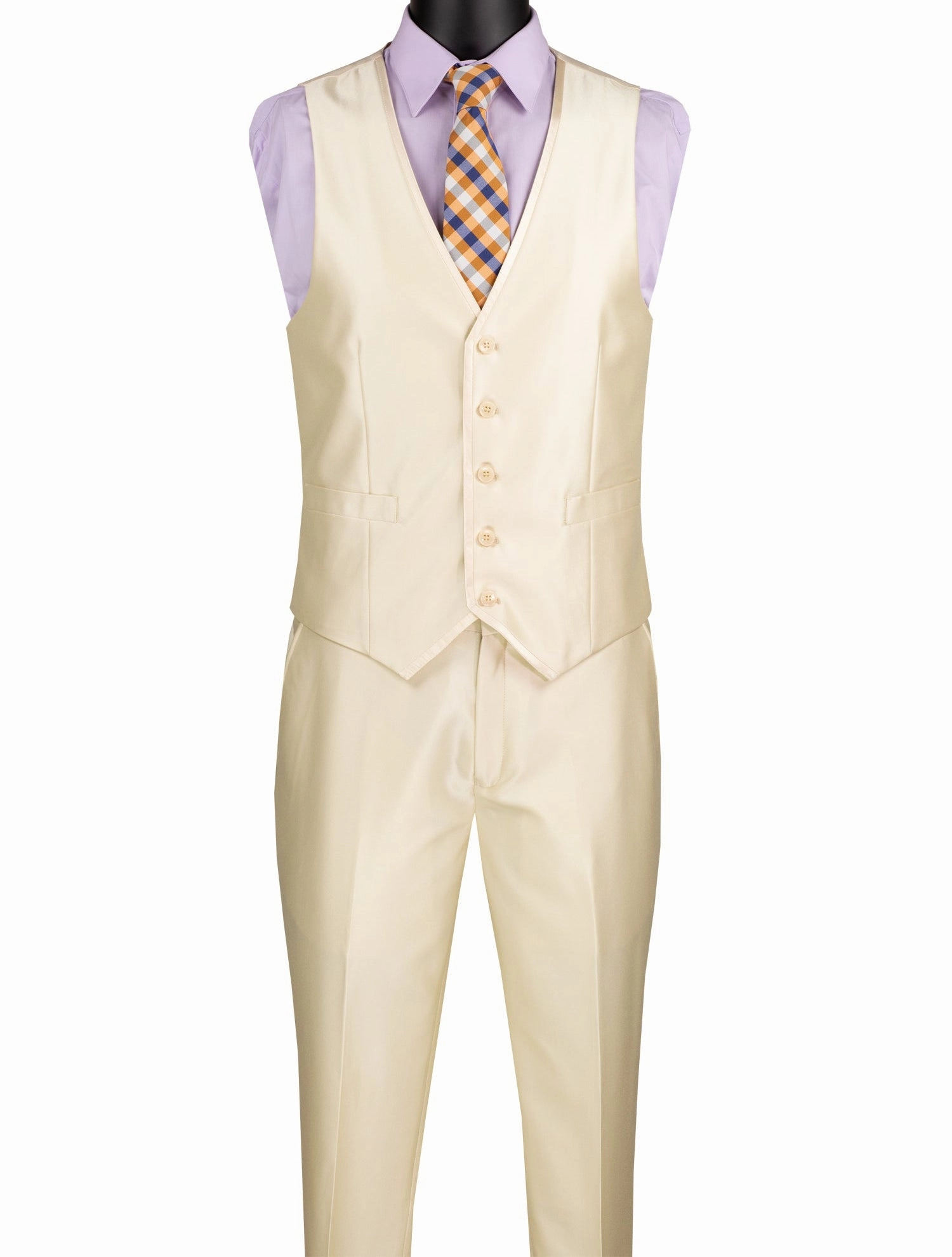 Centaurus Collection: Champagne Beige 3-Piece Solid Satin Look Slim Fit Suit with Fancy Vest