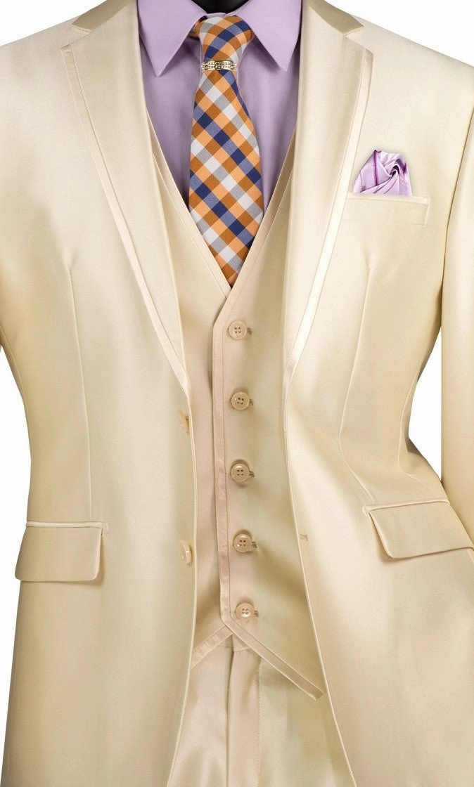 Centaurus Collection: Champagne Beige 3-Piece Solid Satin Look Slim Fit Suit with Fancy Vest