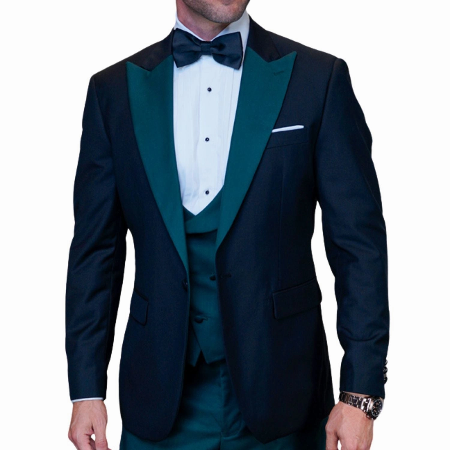 ChicChato Collection: Black Tuxedo with Hunter Peak Lapel and Accents - Modern Fit