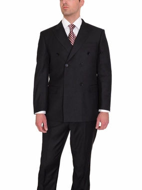 Classic Fit Double Breasted Solid Black Wool Suit
