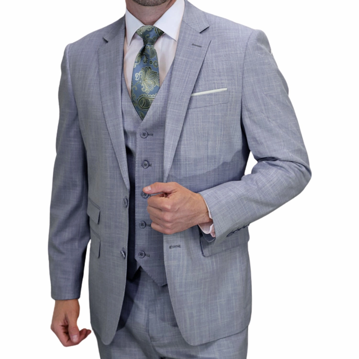 Comet Couture Collection: Sky Blue Sharkskin Italian Wool 3-Piece Suit – Modern Fit