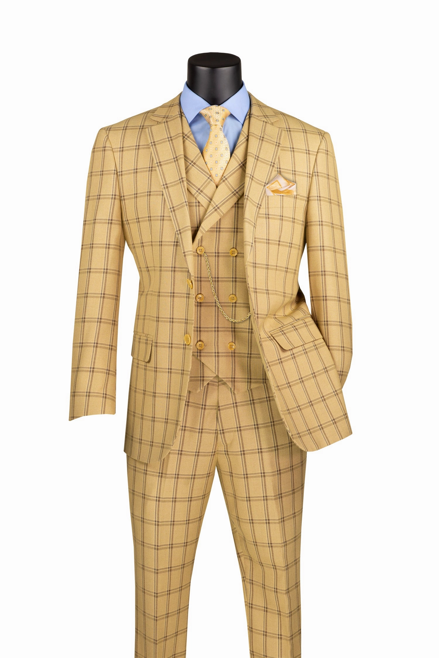 Diamond Collection Modern Fit Windowpane Suit 3 Piece in Tan