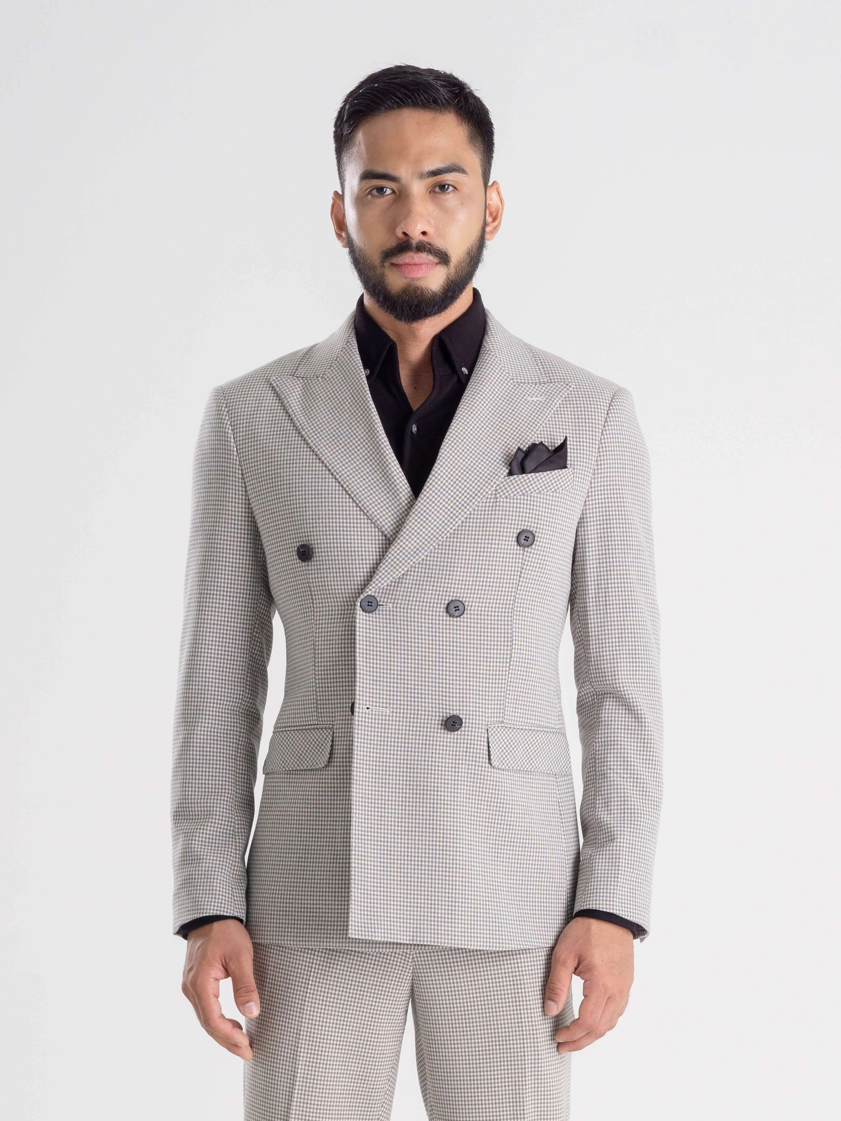 Double Breasted Suit Blazer - Ash Grey Plaid (Peak Lapel)