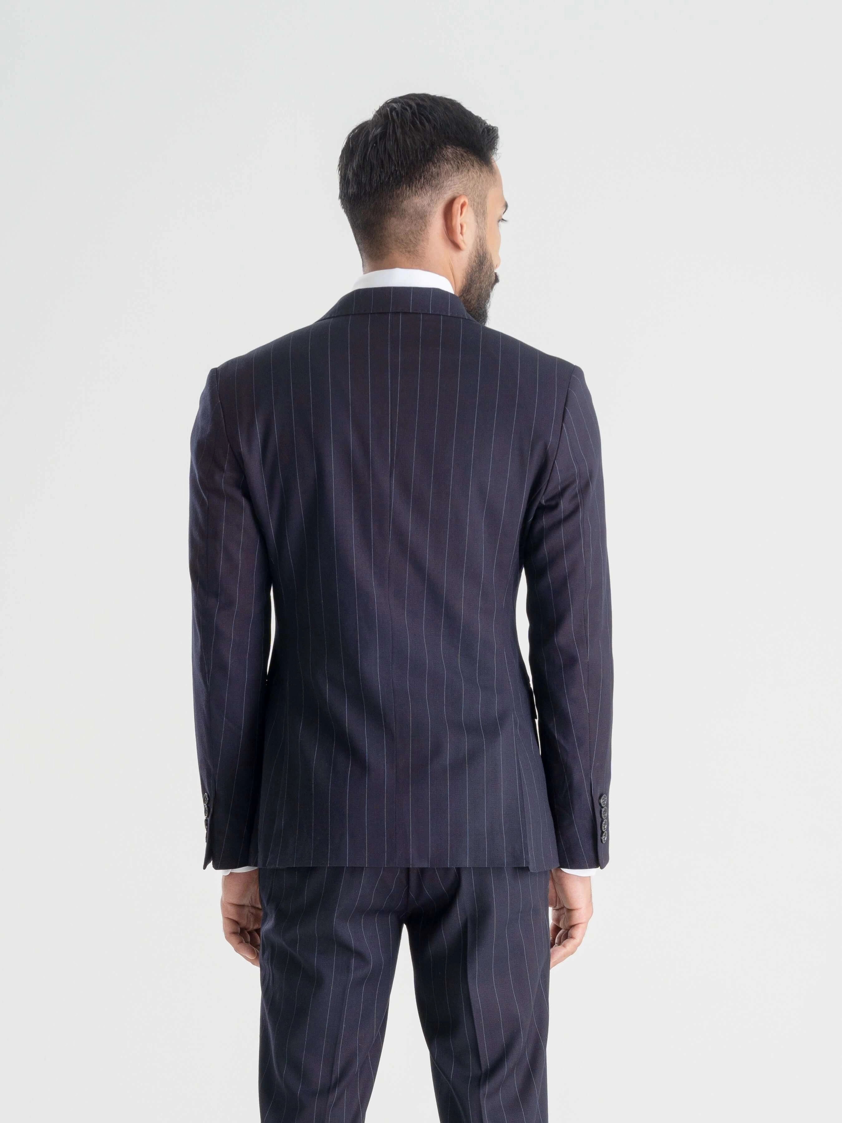 Double Breasted Suit Blazer - Deep Blue Stripes (Peak Lapel)