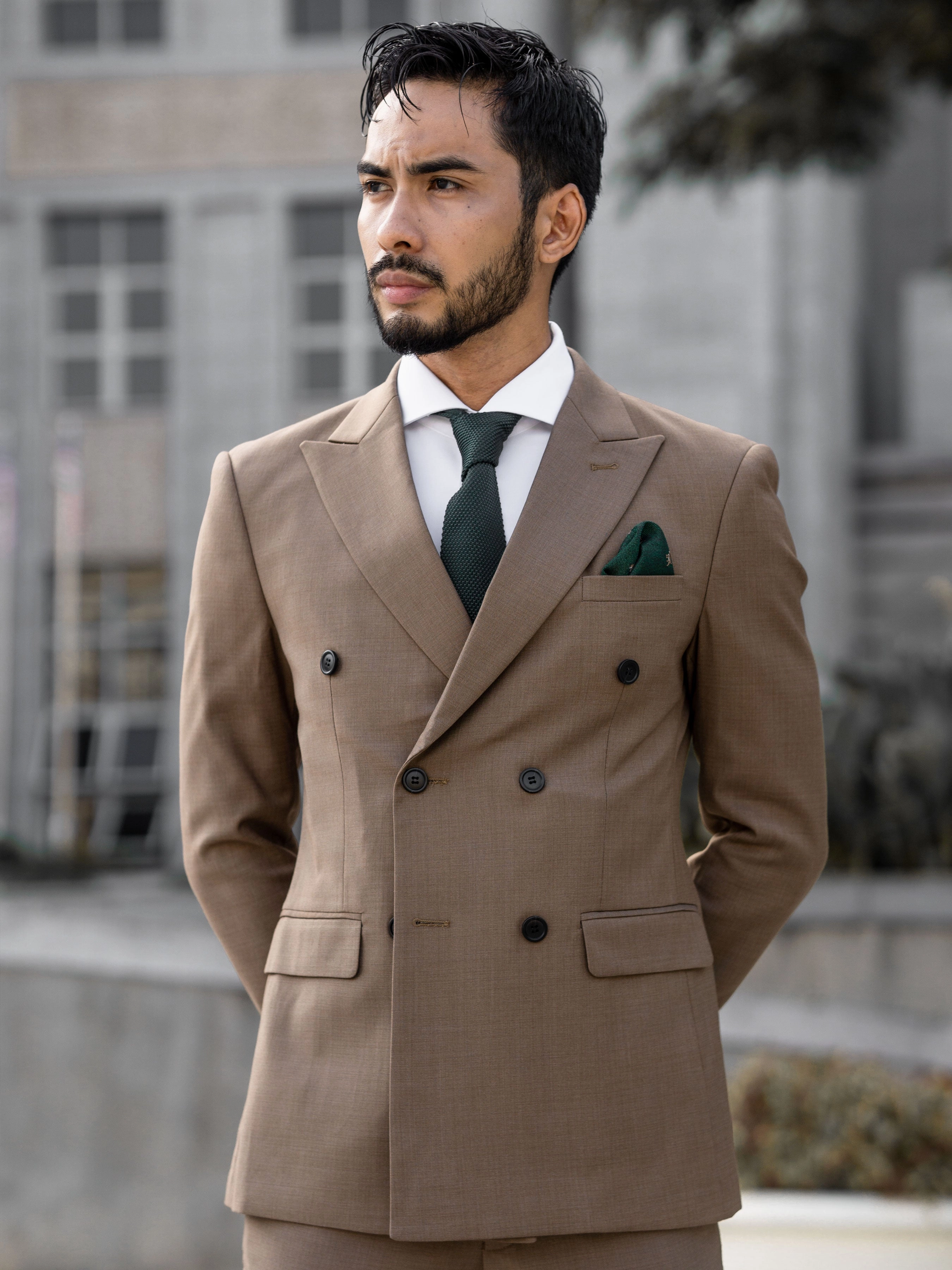 Double Breasted Suit Blazer - Khakis Plain (Peak Lapel)